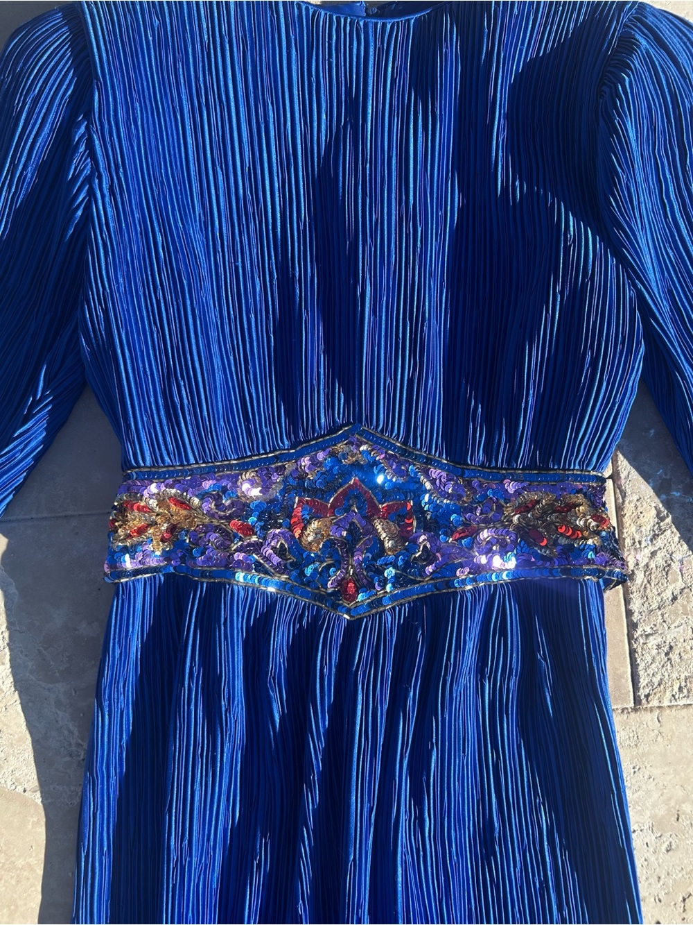 Vintage 80s Neiman Marcus Cobalt Blue Pleated Long-Sleeve Dress w Beaded waist